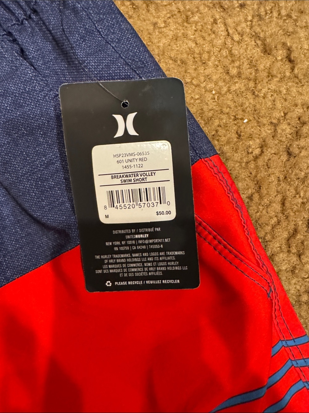 Hurley Men’s Red, Navy & Light Blue Striped Swim Trunks - Picture 2 of 6